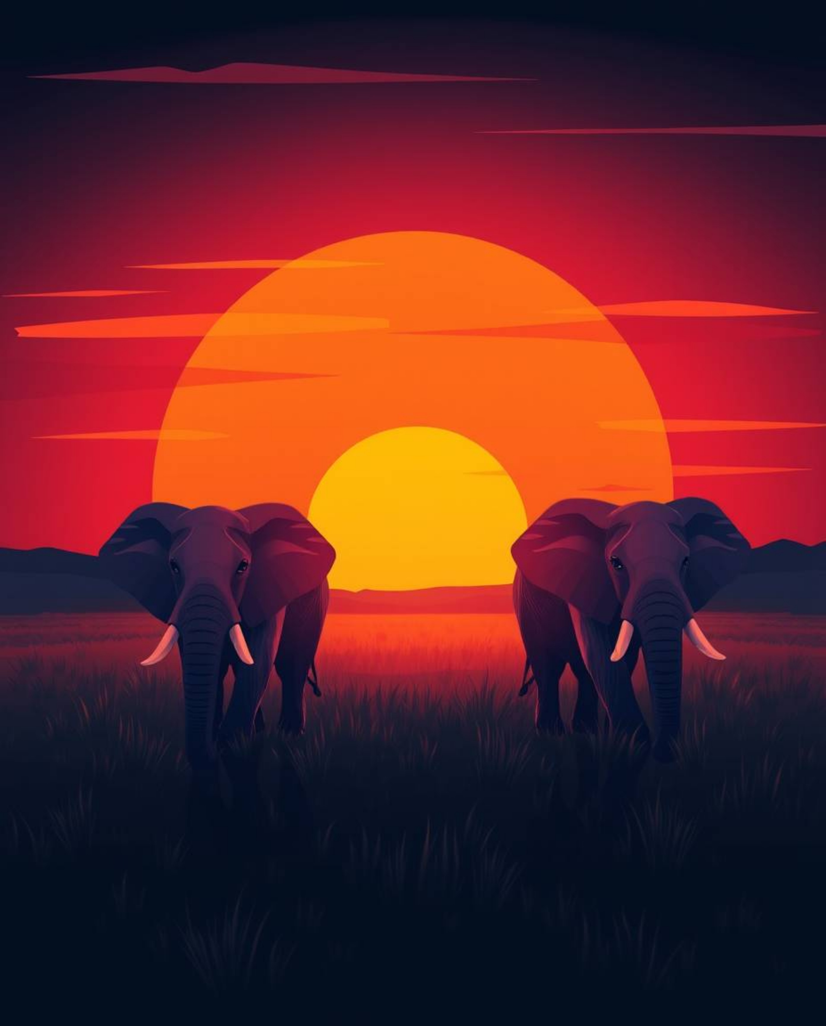 This is a modern, flat-designed illustration of elephants walking across a sunset field. The artwork is defined by its use of