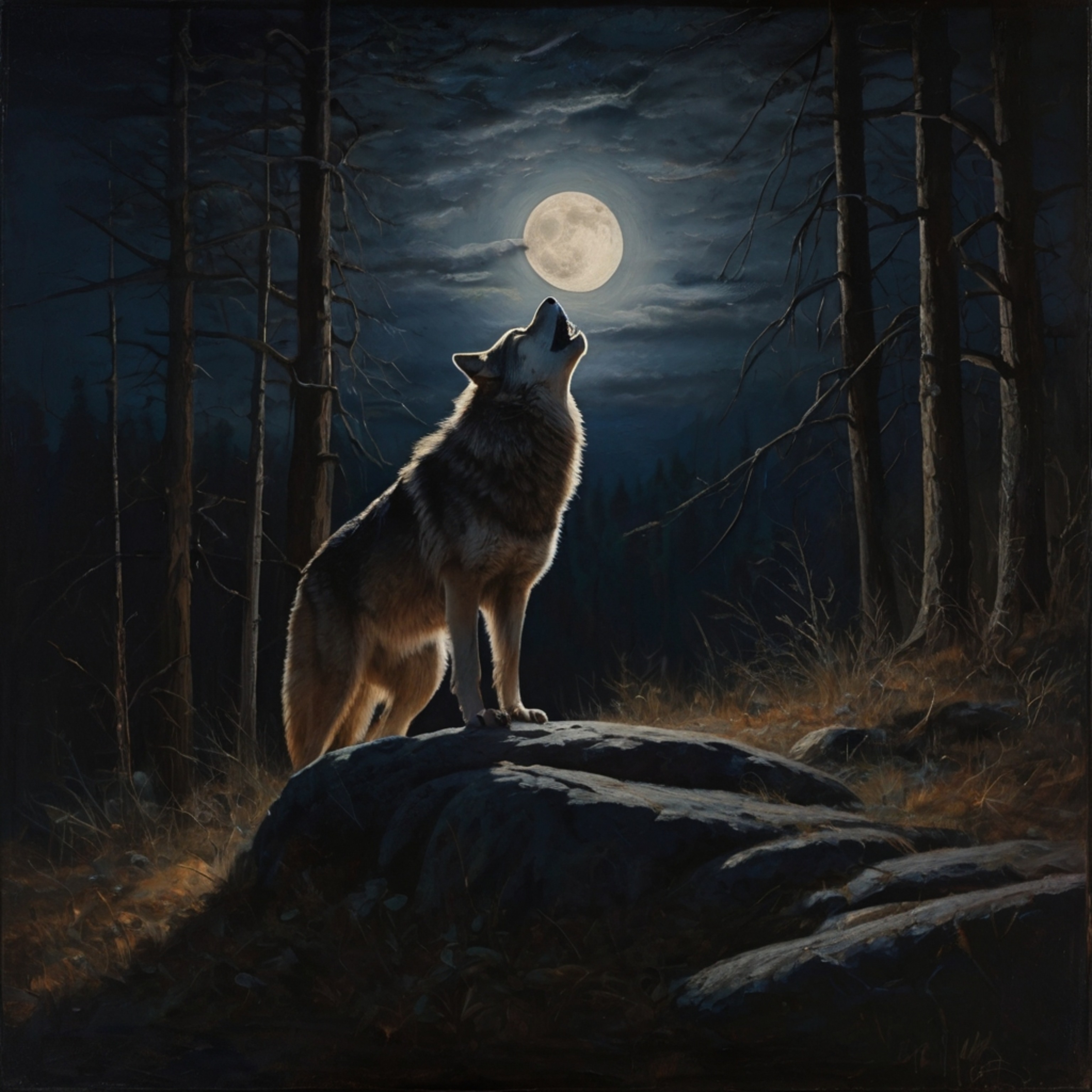 This evocative oil painting captures the raw emotion of a lone wolf howling at the full moon. Deep shadows accentuate the tex