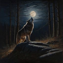 This evocative oil painting captures the raw emotion of a lone wolf howling at the full moon. Deep shadows accentuate the tex