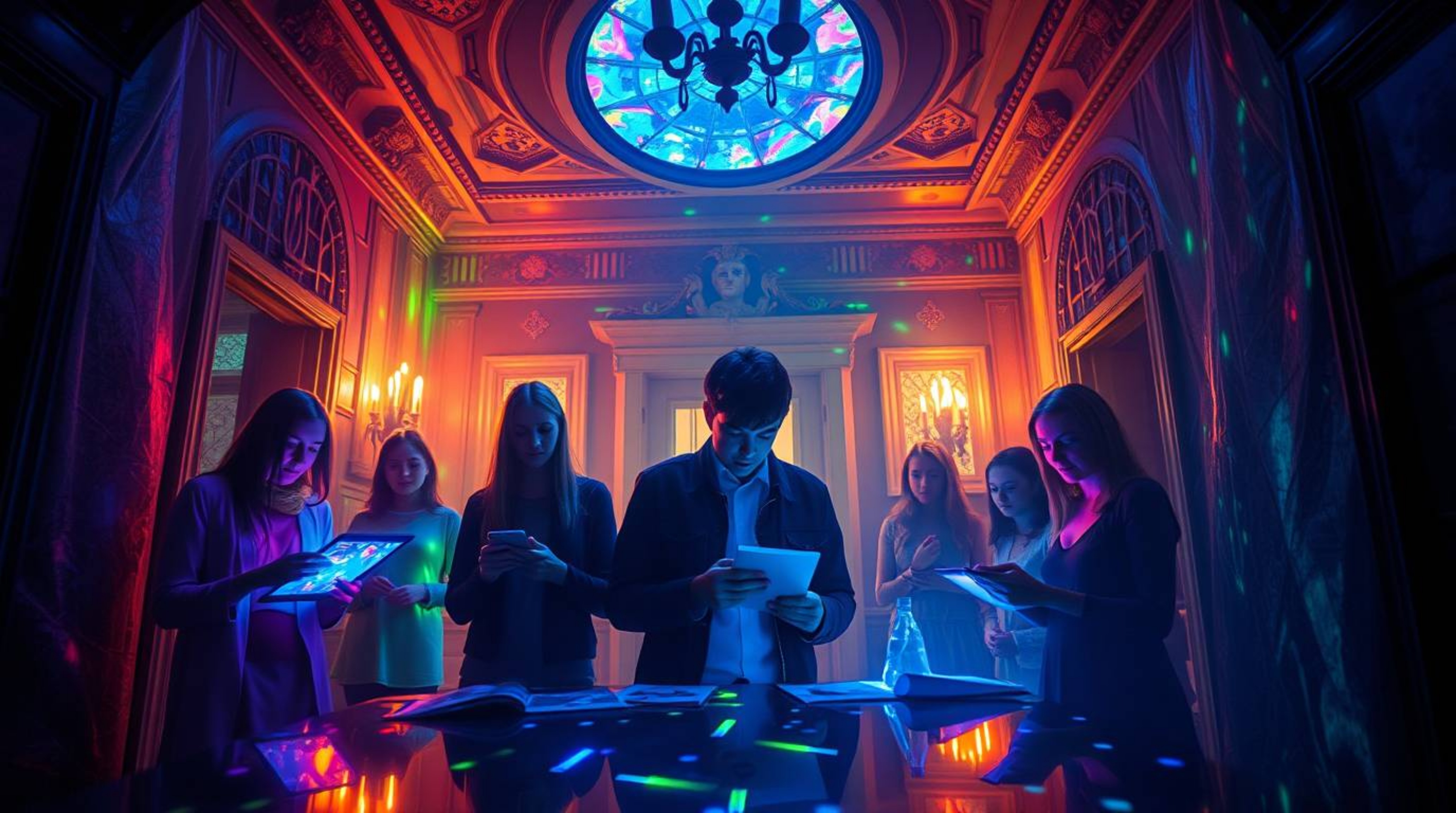 A group of teenagers unravels mysteries within a haunted mansion bathed in the ethereal glow of bioluminescence.  Iridescent 