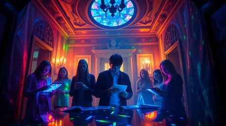 A group of teenagers unravels mysteries within a haunted mansion bathed in the ethereal glow of bioluminescence.  Iridescent 