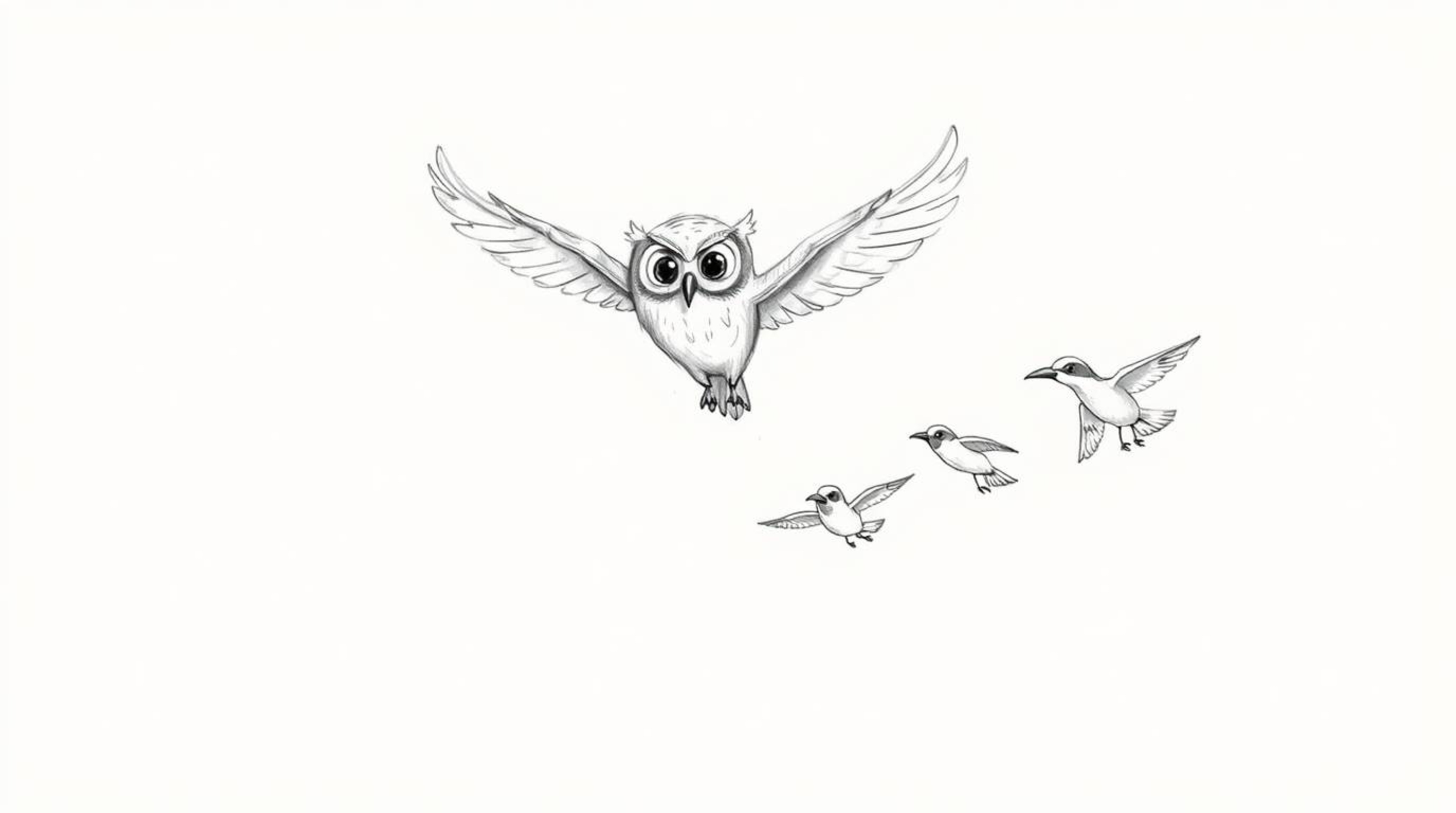A hand-drawn sketch in the style of Pixar shows a blind owl with soft, textured pencil strokes teaching birds to fly. The owl