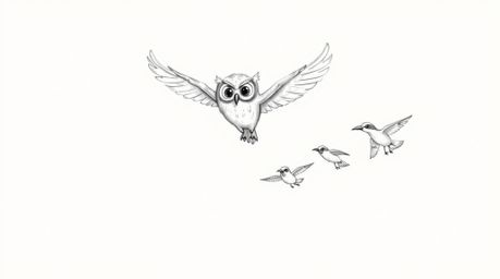 A hand-drawn sketch in the style of Pixar shows a blind owl with soft, textured pencil strokes teaching birds to fly. The owl