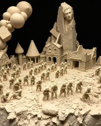 This collection showcases striking sculptural clay art, depicting a time-warped battlefield filled with soldiers and crumblin