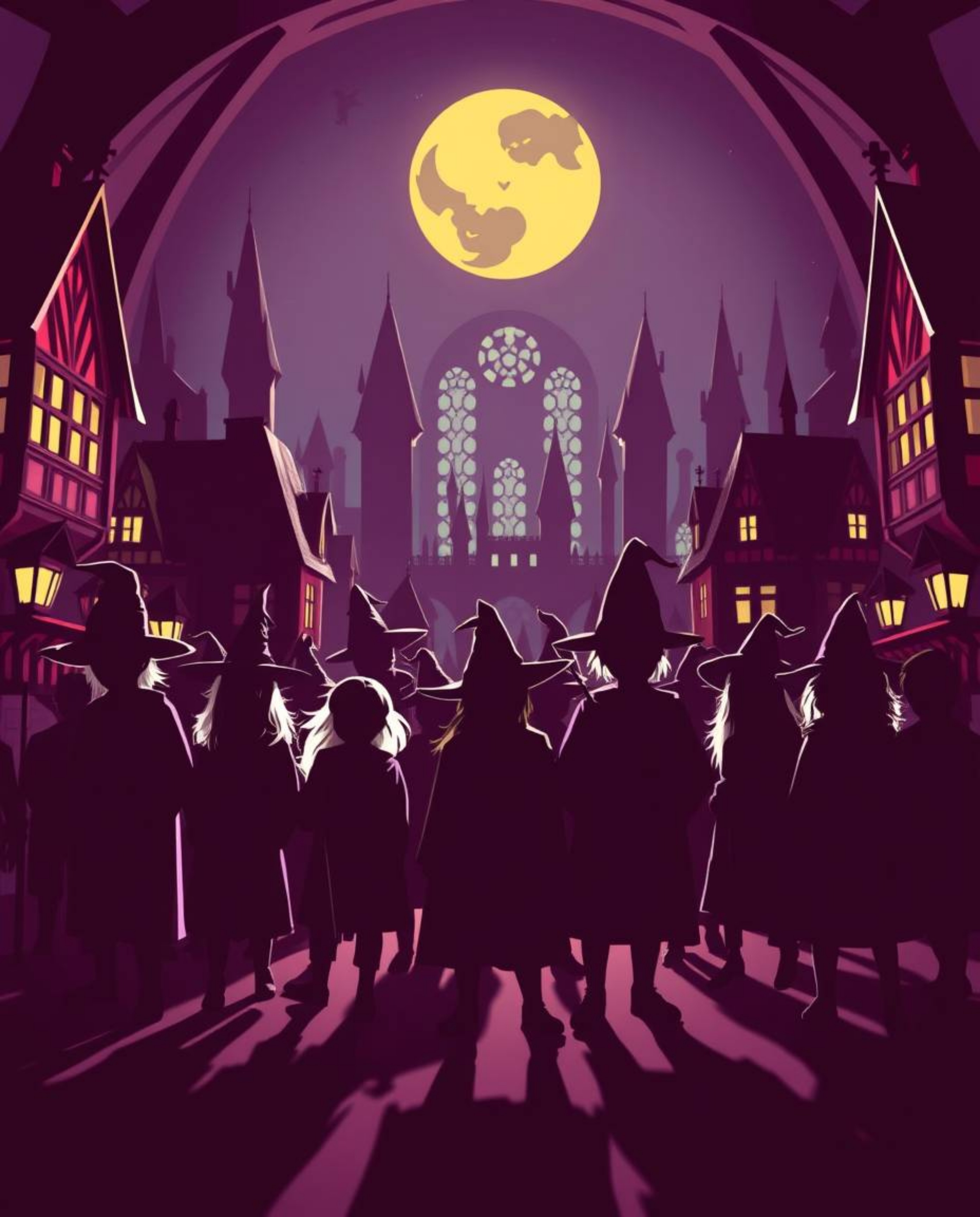 A captivating depiction of a magical school brimming with young wizards, rendered in vibrant complementary colors and dramati