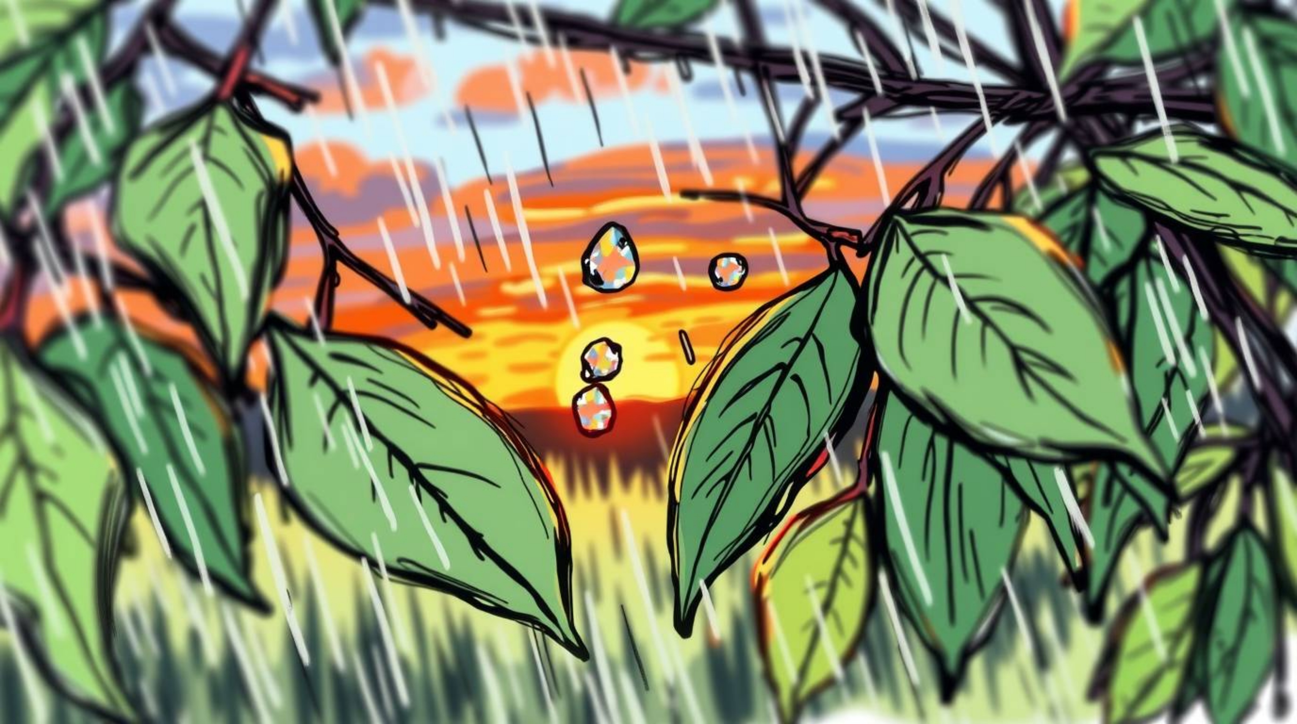 A vibrant, dynamic hand-drawn sketch depicting a sunset reflected in raindrops on leaves.  Created in a colorful sketchnote s