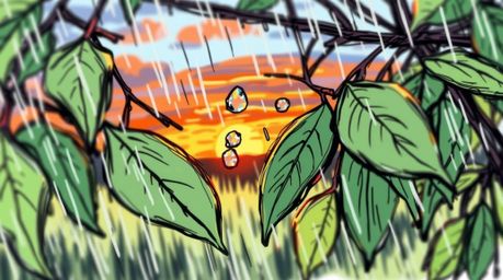 A vibrant, dynamic hand-drawn sketch depicting a sunset reflected in raindrops on leaves.  Created in a colorful sketchnote s