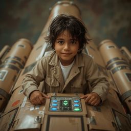 A captivating high-fashion photograph in the style of Pixar depicts a boy with dark brown skin, a bright smile, and messy hai