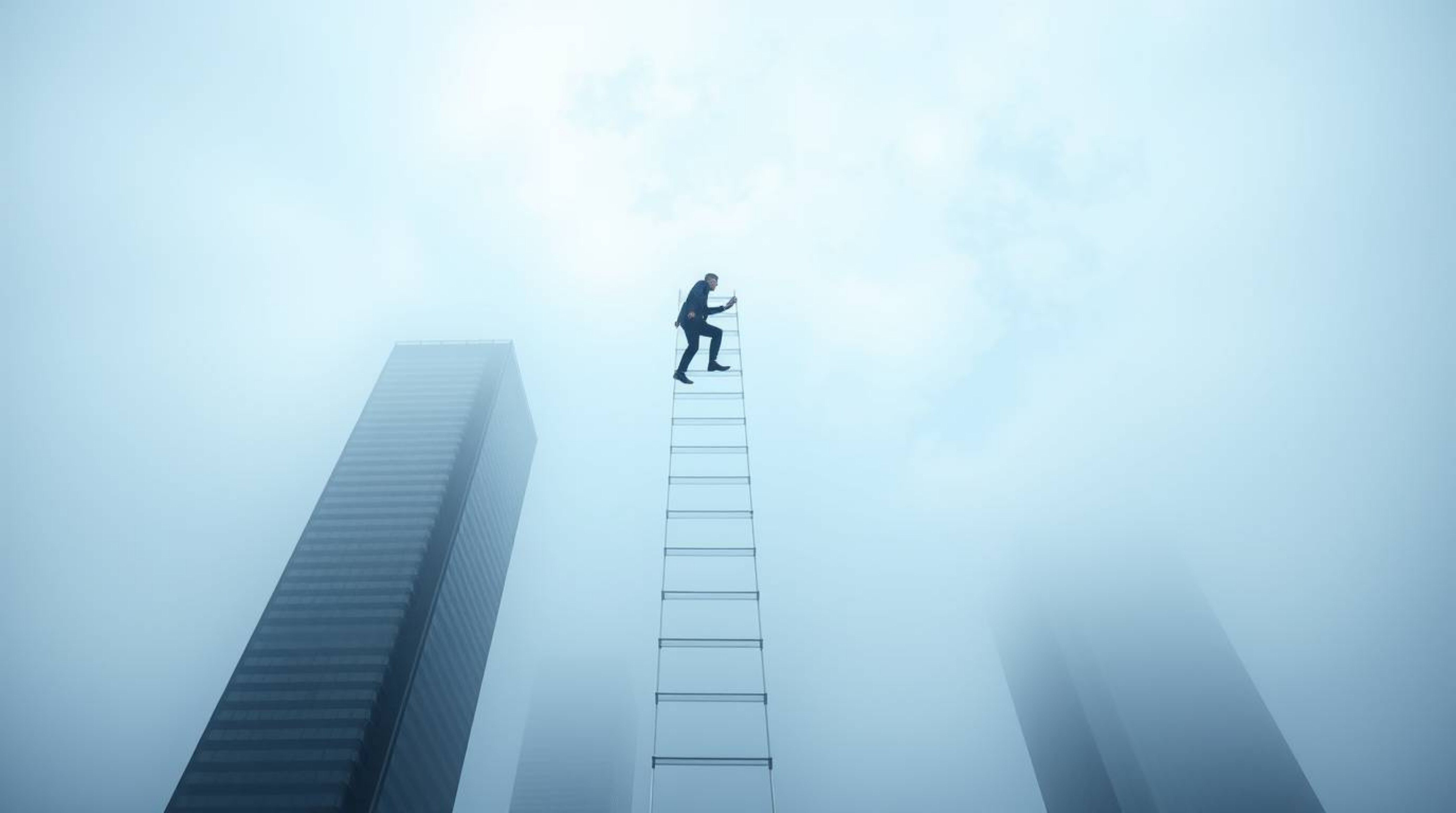An abstract image depicting a businessman ascending a transparent ladder disappearing into a foggy blue sky above towering sk