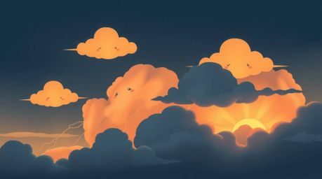 Explore charming illustrations featuring moody-style thunderstorm clouds illuminated by the soft glow of a sunset. These ador