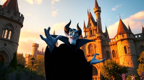A classic Disney villain with sharp features casts a spell within a sunlit, aged castle bathed in the warm glow of golden hou