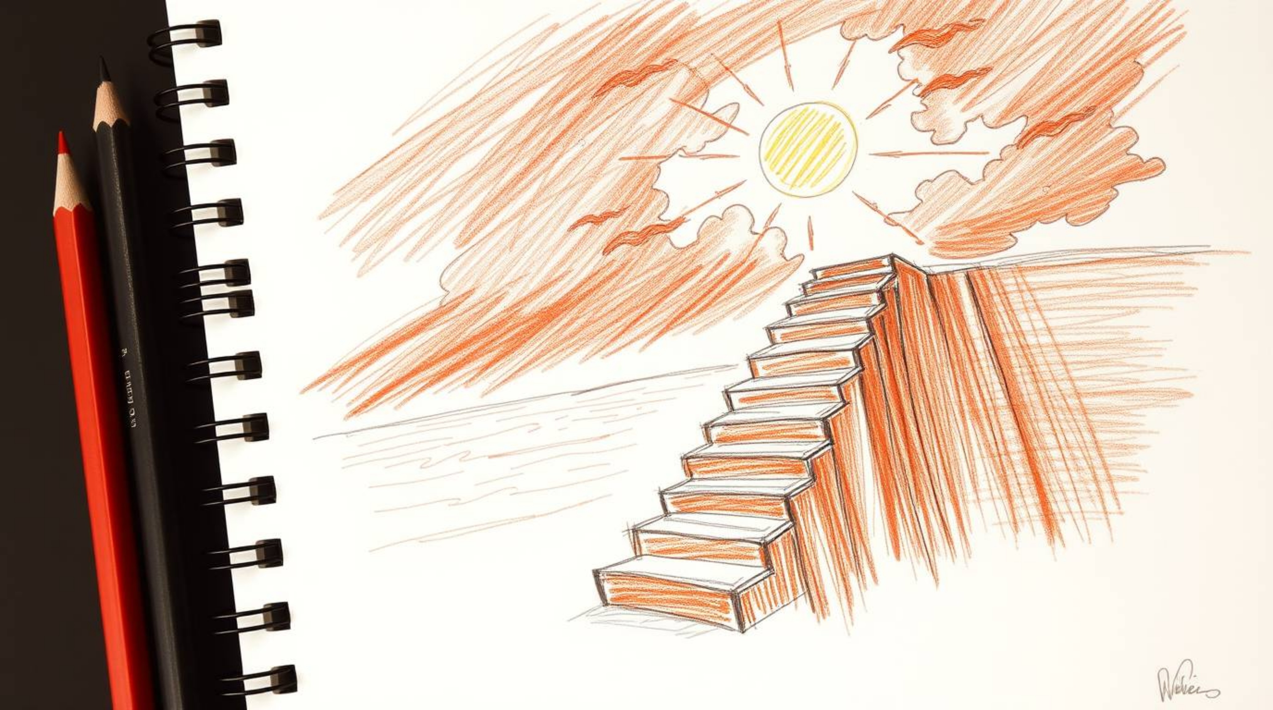 A warm, hand-drawn sketch depicts a dramatic staircase rising from the ocean towards a stormy sky, illuminated by a divine su