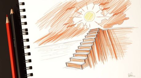 A warm, hand-drawn sketch depicts a dramatic staircase rising from the ocean towards a stormy sky, illuminated by a divine su