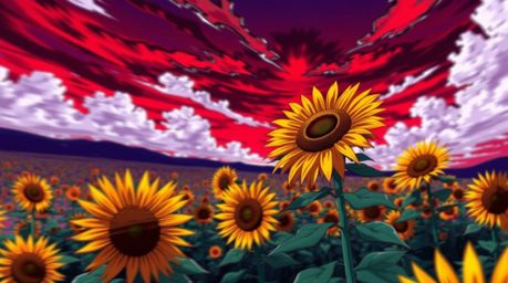 Immerse yourself in an Isekai anime-style sunflower field beneath a mesmerizing deep red and purple sky. This image features 