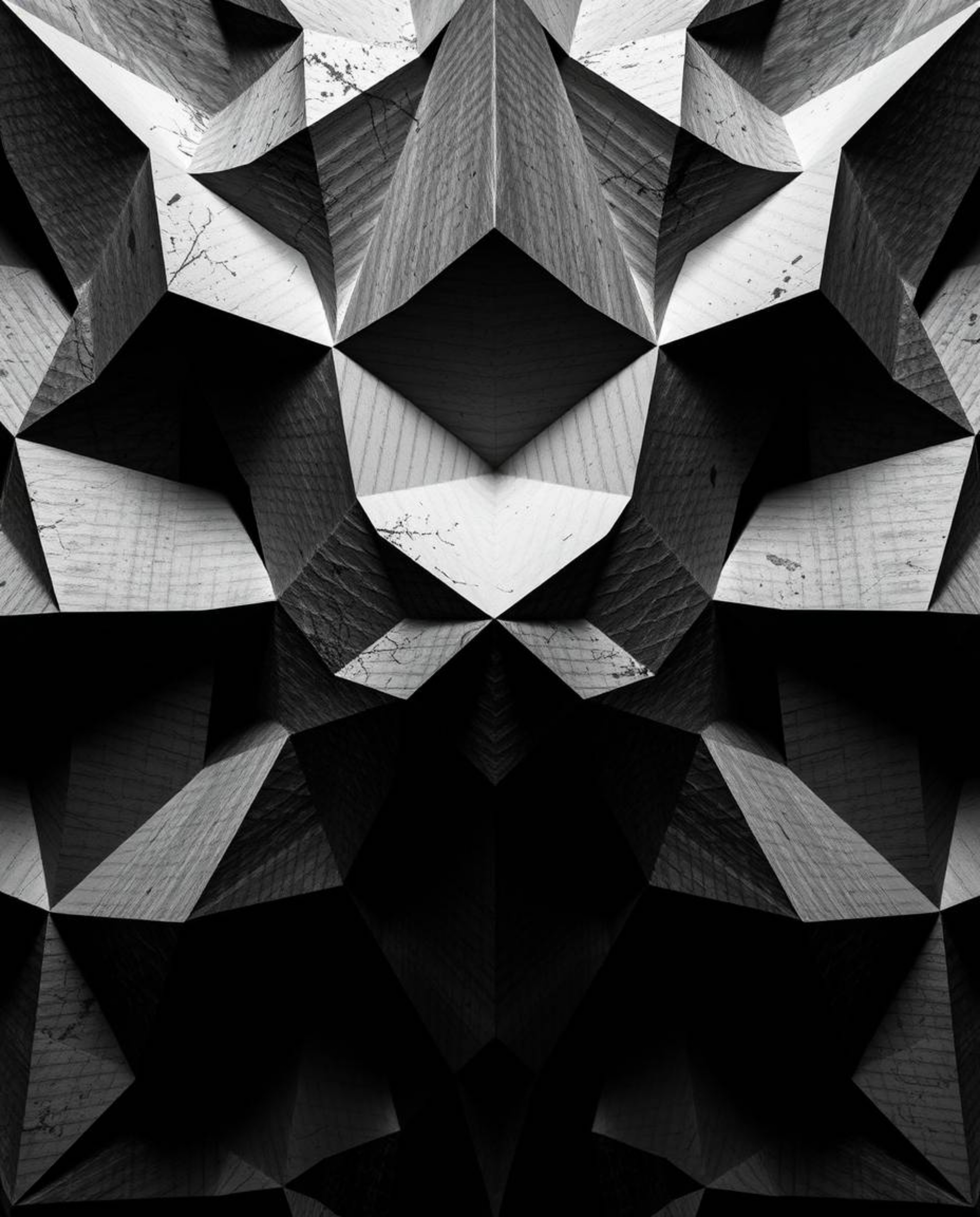 This artwork establishes a creepy and eerie atmosphere through a 3D geometric pattern resembling folded paper. Rendered in mo