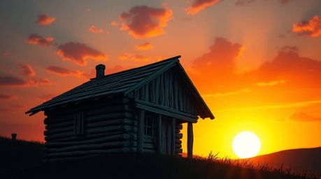 Experience the serene beauty of an old wooden cabin silhouetted against a breathtaking sunset. This unique artwork is crafted