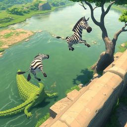 A captivating high-angle Isekai anime style illustration showcases a 3D cartoon zebra in a thrilling escape. The zebra, rende