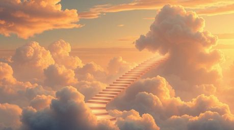 An enchanting illustration depicts a winding stairway crafted from delicate smoke and ethereal light, gracefully ascending in