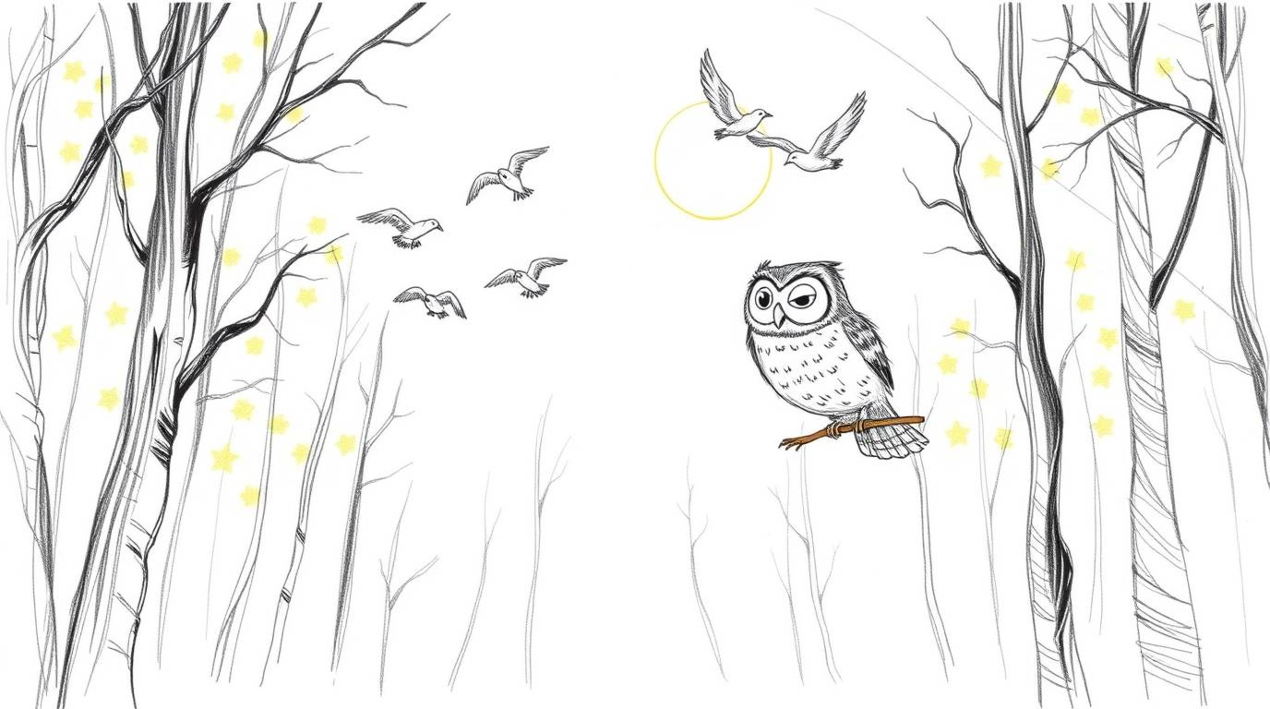A whimsical, hand-drawn pencil sketch depicts a blind owl, reminiscent of Pixar animation, guiding birds through a sun-dapple