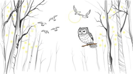 A whimsical, hand-drawn pencil sketch depicts a blind owl, reminiscent of Pixar animation, guiding birds through a sun-dapple