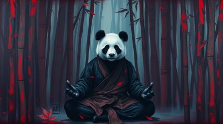 A painting depicting a martial artist panda meditating in a bamboo forest evokes an eerie and creepy atmosphere, utilizing ri