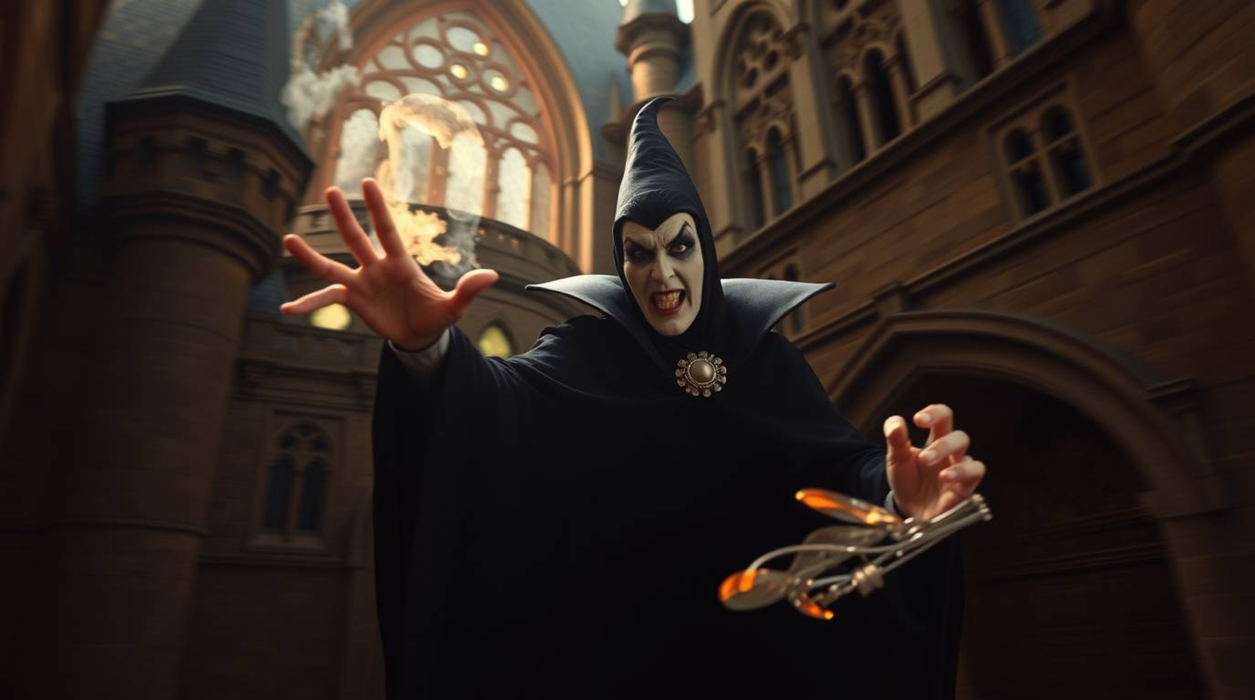A professional photograph capturing a classic Disney villain casting a spell within the confines of an ancient castle. The sc