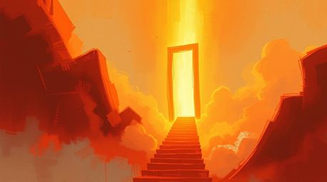 A rough, dynamic digital sketch depicting a warm-toned Heavenly gate floating above the clouds, with stairs leading upwards a