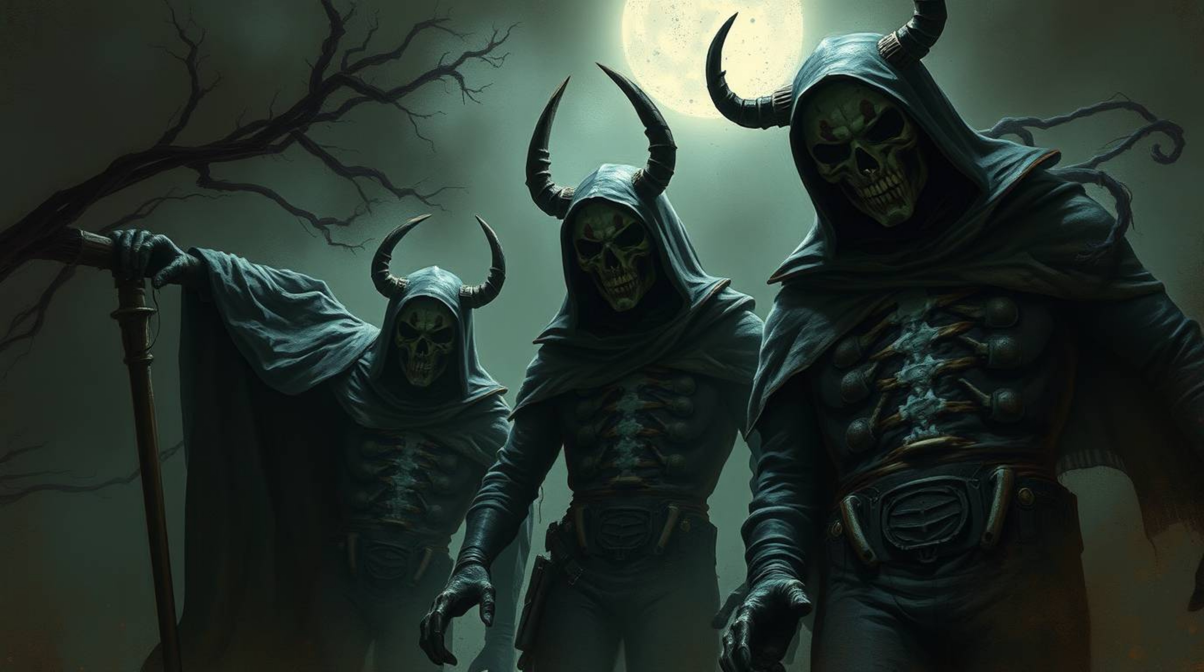 Discover a captivating digital painting depicting a team of misfit heroes in a dark and eerie atmosphere.  Rendered in unsett