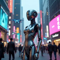 A sleek, chrome humanoid robot stands tall in a vibrant, futuristic city. Its reflective surface mirrors the dazzling neon li