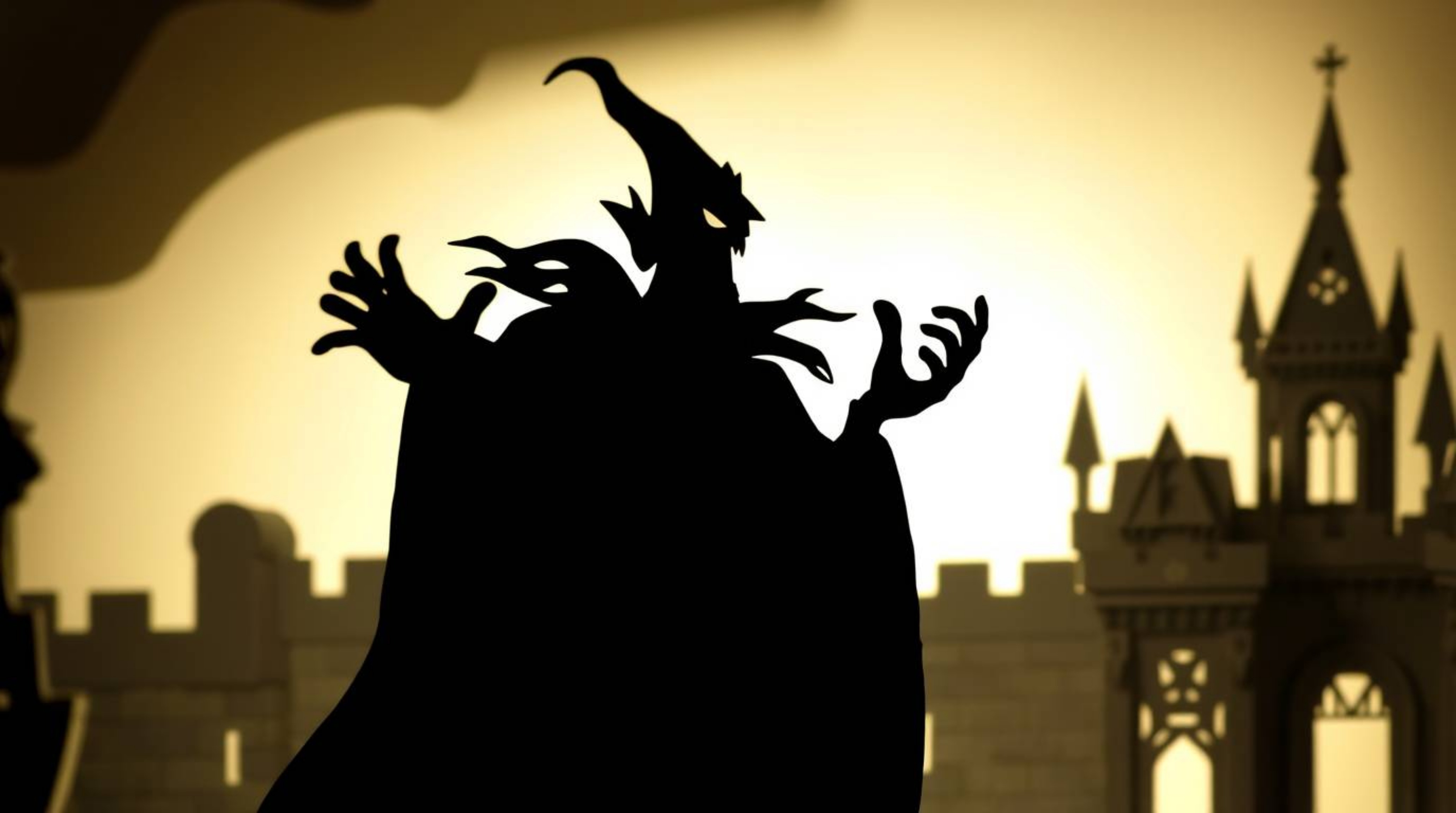 This striking image features a layered papier-mâché silhouette of a classic Disney villain, dramatically casting a spell with
