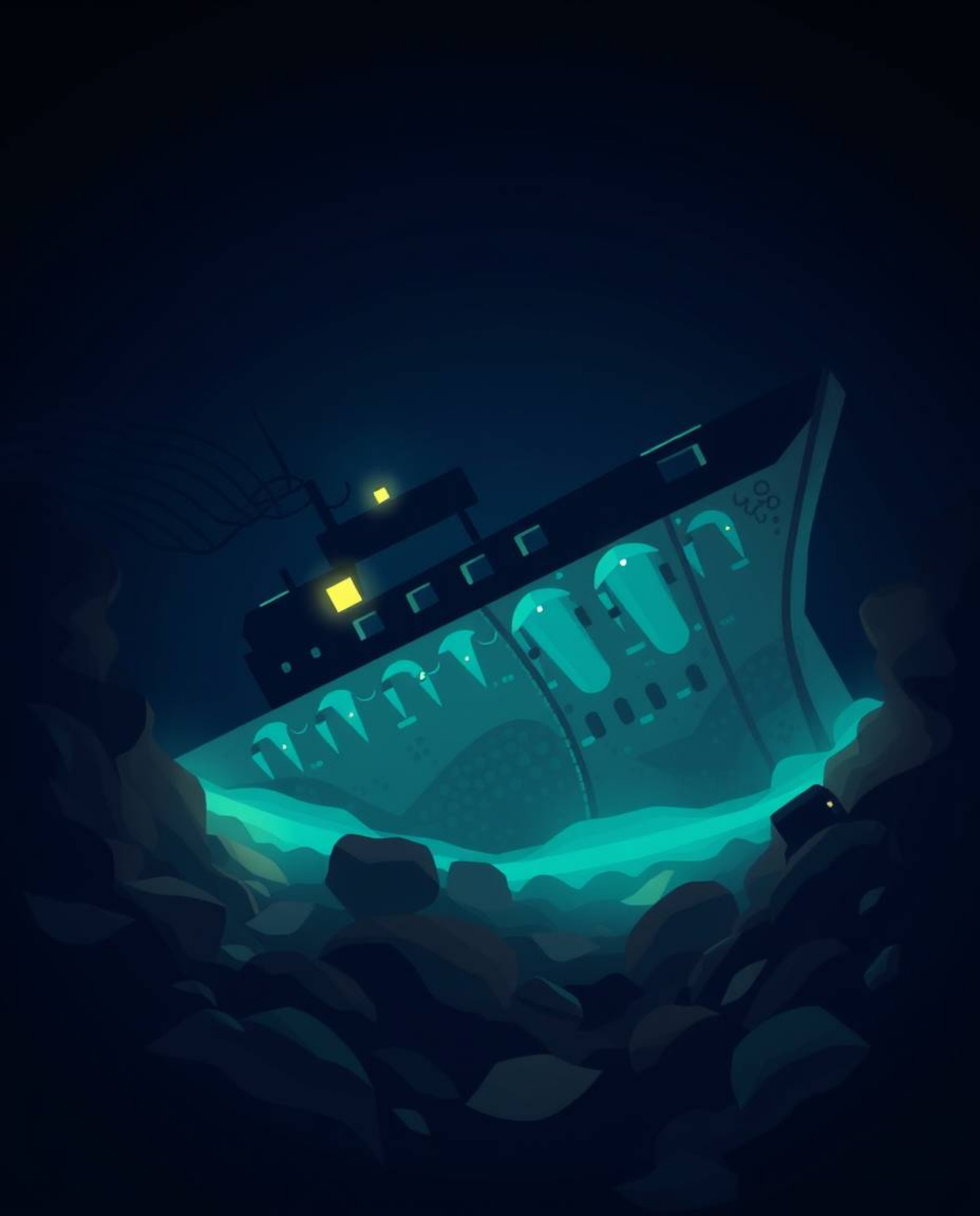 A captivating illustration of a shipwreck deep underwater, rendered in a modern flat design style.  Creative lighting and sim