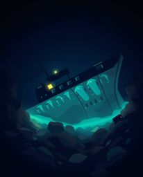 A captivating illustration of a shipwreck deep underwater, rendered in a modern flat design style.  Creative lighting and sim
