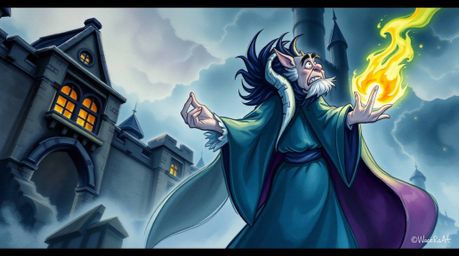 A delicate watercolor painting depicts a classic Disney villain with flowing robes and wild hair casting a spell within an ol
