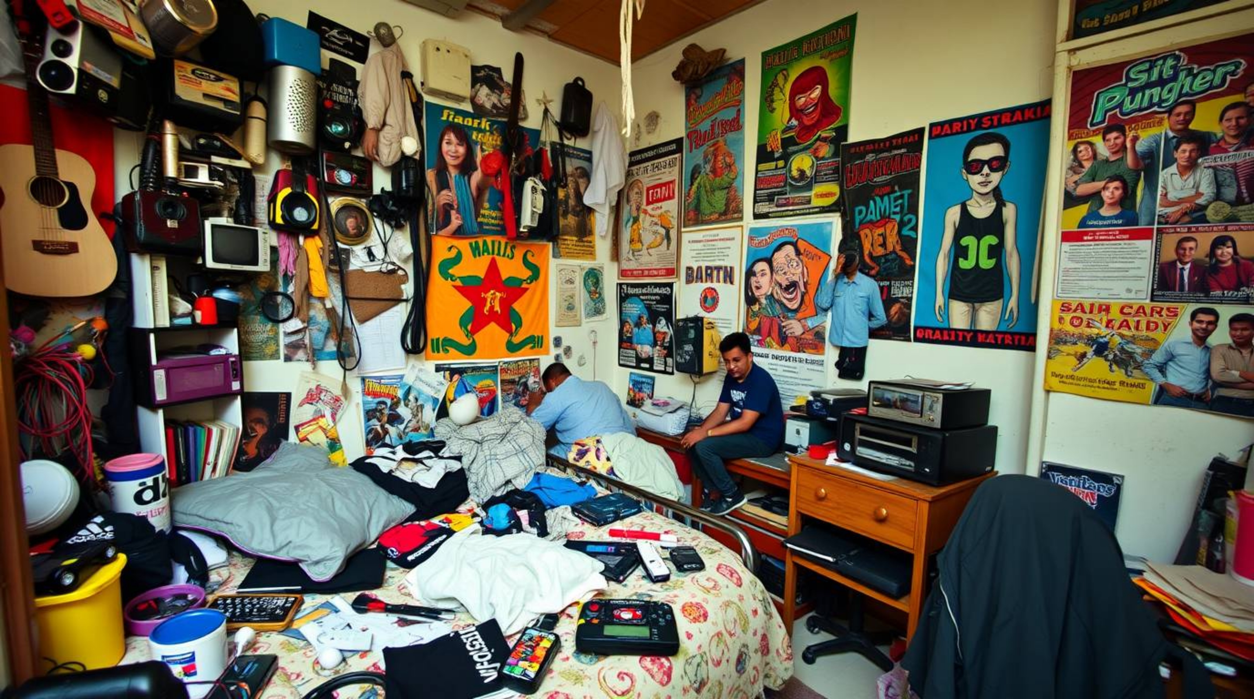 Explore a candid moment captured through street photography, showcasing a messy bedroom brimming with bizarre gadgets and vib