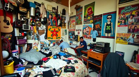 Explore a candid moment captured through street photography, showcasing a messy bedroom brimming with bizarre gadgets and vib