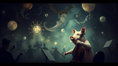 A dreamlike, surreal artwork depicts a pig character attempting to conduct an orchestra.  The scene is rendered in a strong, 