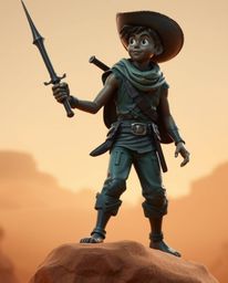 A captivating cast bronze sculpture depicts a brave Disney-style hero embarking on a desert adventure.  The smooth gradient t