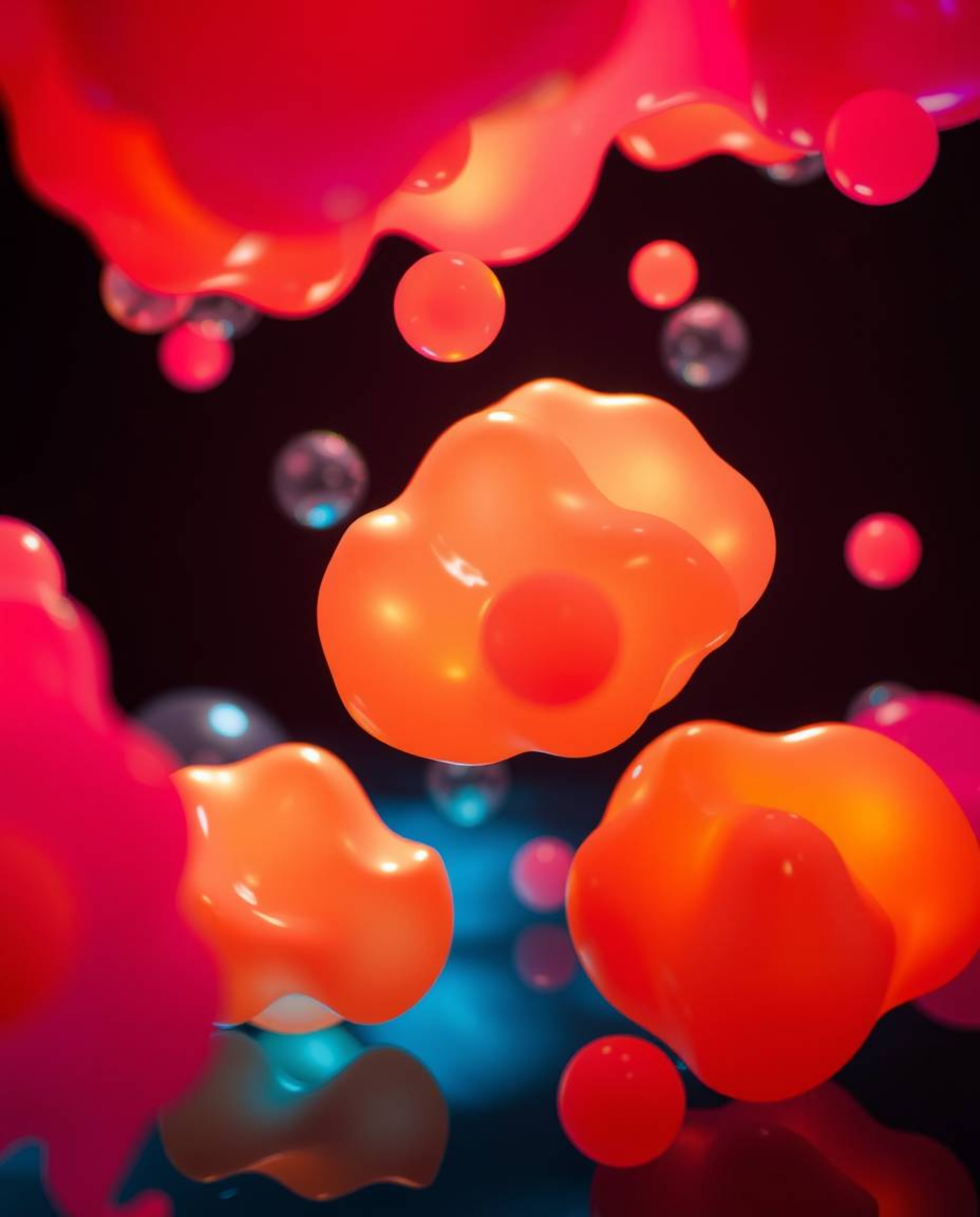 A visually striking image featuring floating 3D blobs of fluid jelly dramatically illuminated by high contrast and low key li