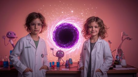 A cinematic and vibrant photograph, in a whimsical style reminiscent of Pixar, captures a science fair duo—a curious boy with