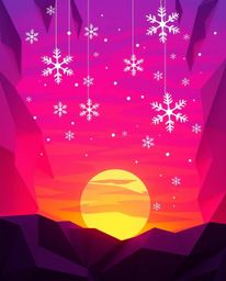 An abstract light art piece stunningly depicts a vibrant sunset with falling snowflakes. Crafted in an intricate origami styl