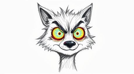 This artwork features a hand-drawn sketch of a sarcastic animal sidekick brought to life with expressive eyes and glowing bio