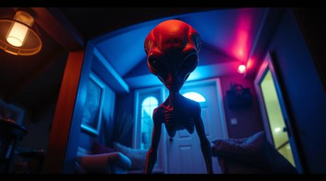 Experience a high contrast image of an alien nestled within a typical suburban house, bathed in intense dramatic lighting and