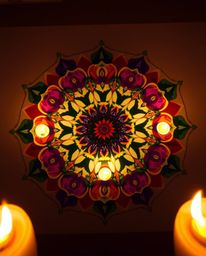 Experience the mesmerizing beauty of a geometric floral mandala, captured from a high angle perspective. This stunning image 