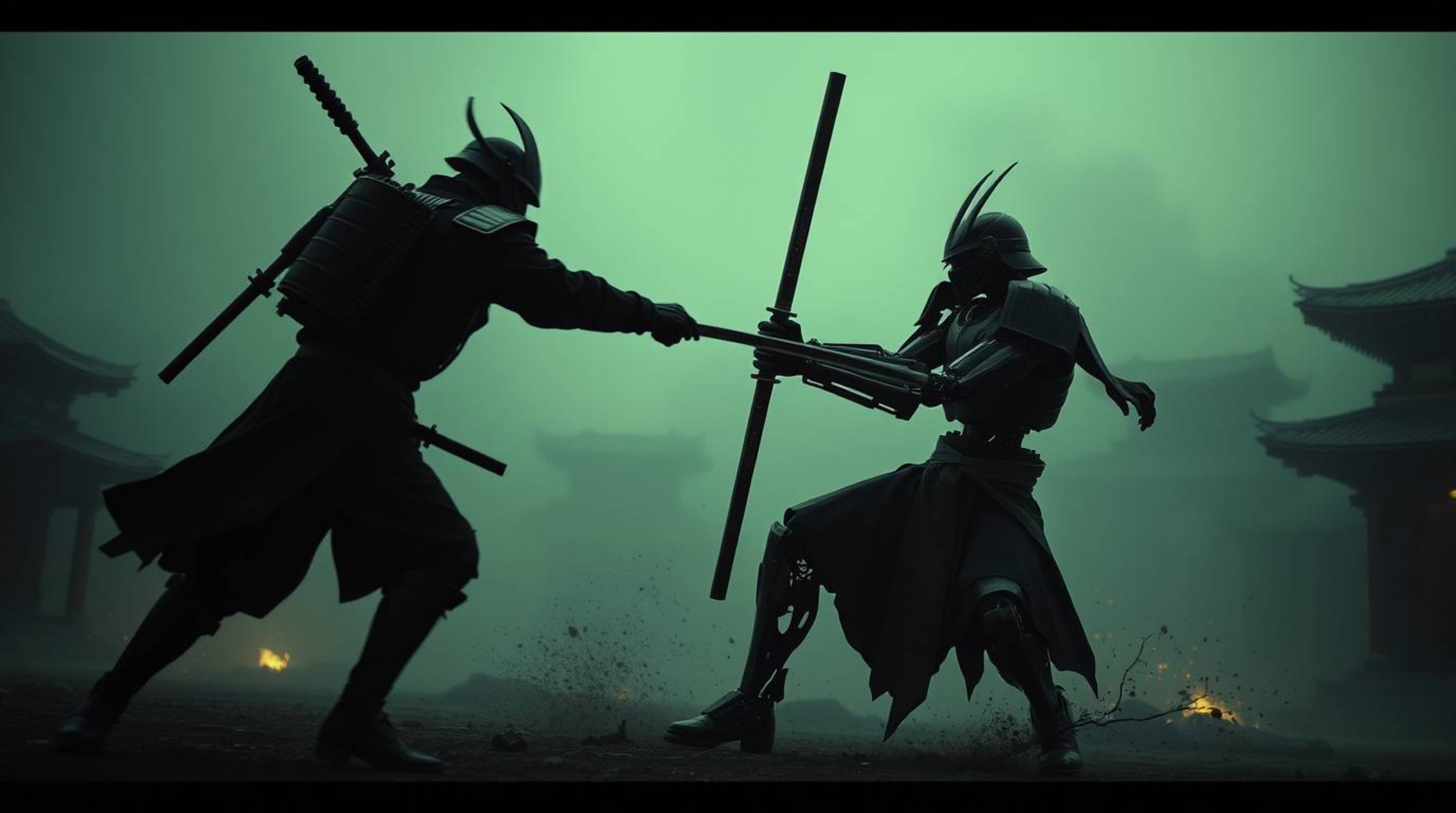 Witness a dramatic cinematic scene of a samurai warrior engaging in a fierce battle with a robot in a dystopian world. This l