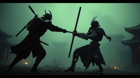 Witness a dramatic cinematic scene of a samurai warrior engaging in a fierce battle with a robot in a dystopian world. This l