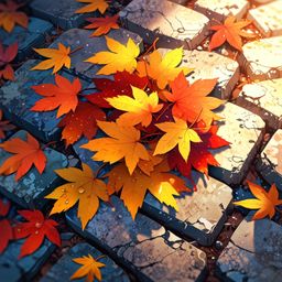 A captivating image showcasing the vibrant beauty of autumn. A pile of colorful leaves, glistening with delicate dew droplets