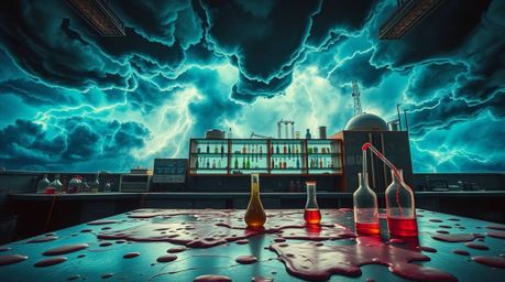 Immerse yourself in a slime-covered science lab where intense dramatic weather rages outside. Stormy skies and electric vivid