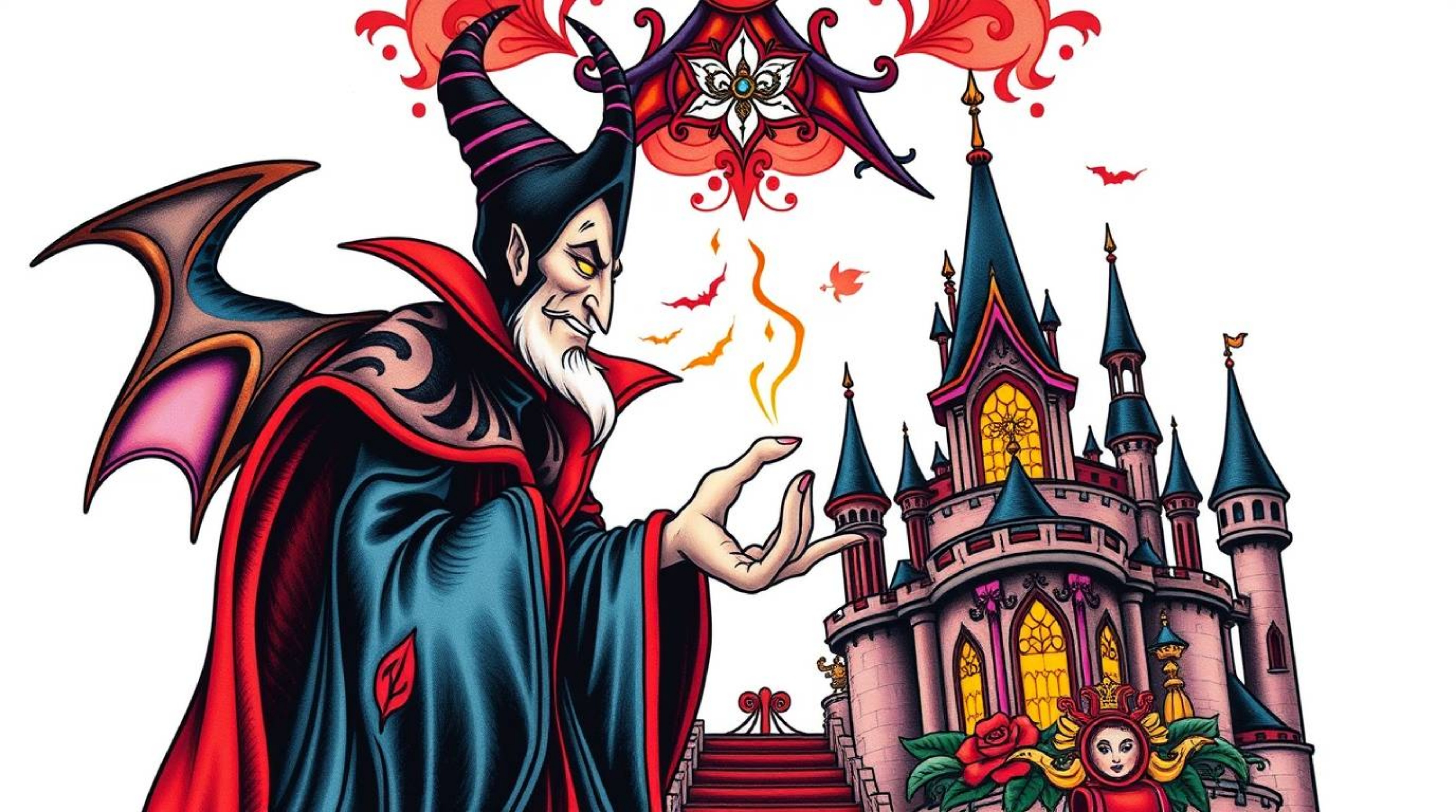 A captivating traditional tattoo art print showcasing a classic Disney villain casting a spell within a vibrant castle.  Intr