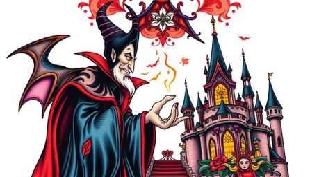 A captivating traditional tattoo art print showcasing a classic Disney villain casting a spell within a vibrant castle. Intr
