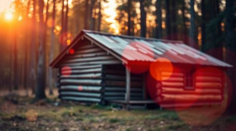 Escape to a dreamy atmosphere with this stunning image of an old wooden cabin nestled in a sunset woods.  The blurred bokeh e